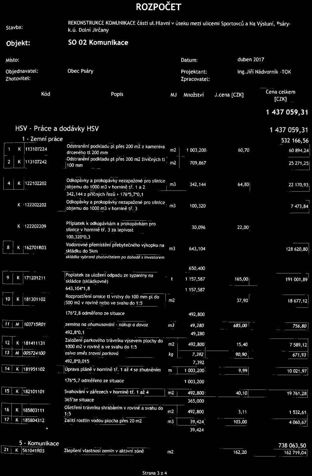 ROZPOČET Objekt: REKONSTRUKCE KOMUNIKACE éásti úl. Hlavni v úseku mezi ulicemi Sportovců a Na Výsluni, "sáryk. ů. Dolní Jirčany SO 02 Komunikace duben 2017 ing.