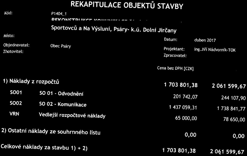 Kód: REKAPITULACE OBJEKTŮ STAVBY P1404_1 DCI/ftkICTDI II//.l- l//<i Sportovců a Na Výsluni, Psáry. k. ú. Dolní- Jirčany duben 2017 ing.