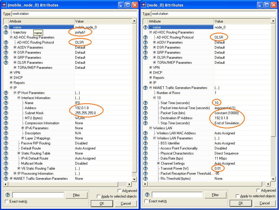 Nastavení přenosu dat 12. Pravým tlačítkem myši je třeba kliknout na uzel node 0. Bylo vybráno Edit Attributes MANET Traffic Generation Parameters Number of Rows (počet řádků) nastaveno na 1.