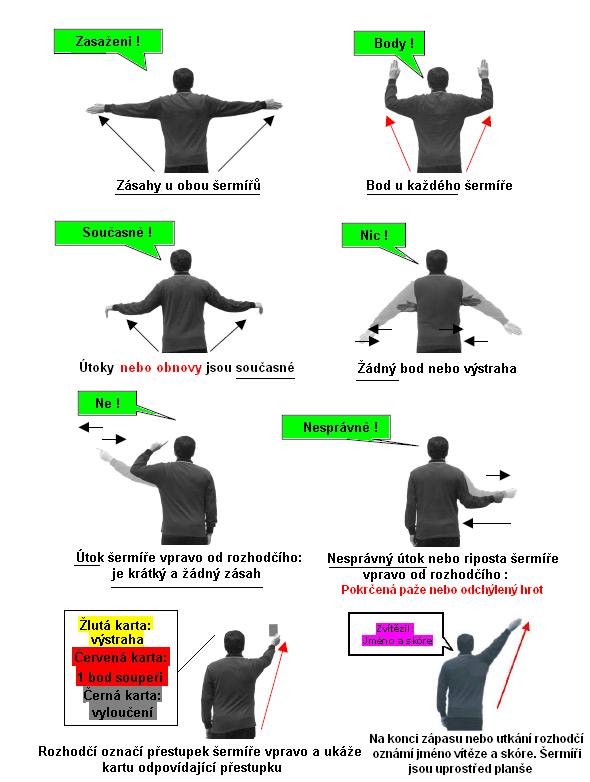Poznámka: 1) Rozhodčí vyloží akci a oznámí své rozhodnutí slovy a pomocí výše uvedených posunků.