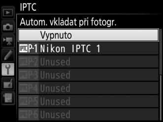 IPTC Tlačítko G B menu nastavení Ve fotoaparátu lze vytvářet předvolby IPTC a níže popsaným způsobem je vkládat do nově pořizovaných snímků.