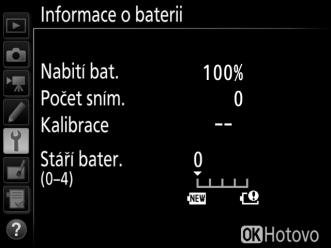 Informace o baterii Tlačítko G B menu nastavení Tato položka slouží k zobrazení informací o aktuálně vložené baterii. Položka Popis Nabití bat. Zobrazuje aktuální stav baterie v procentech.