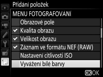 3 Vyberte položku menu. Vyberte požadovanou položku menu a stiskněte tlačítko J. 4 Umístěte novou položku.