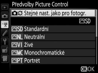 Předvolby Picture Control Tlačítko G 1 menu videosekvencí Tato položka slouží k výběru předvolby Picture Control pro videosekvence (0 44).
