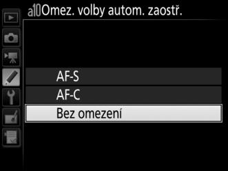 a10: Omez. volby autom. zaostř. Tlačítko G A menu uživatelských funkcí Tato položka slouží k výběru režimů automatického zaostřování, které budou dostupné při fotografování s využitím hledáčku.
