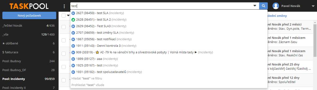 přímo do jeho detailu, nebo potvrdit hledaný řetězec klávesou ENTER (nebo kliknout na lupu) a dojde ke klasickému fulltextovému vyhledávní v rámci filtru. Obrázek 2.6.