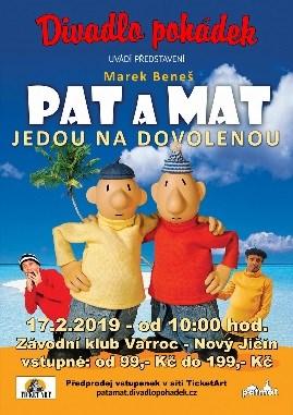 PRO DĚTI PŘEDSTAVENÍ PAT A MAT V neděli 17.2.2019 se v závodním klubu Varroc uskuteční představení pro děti Pat a Mat jedou na dovolenou Prodej vstupenek na tuto akci bude zahájen ve středu 9.1.2019 v kanceláři odborů.