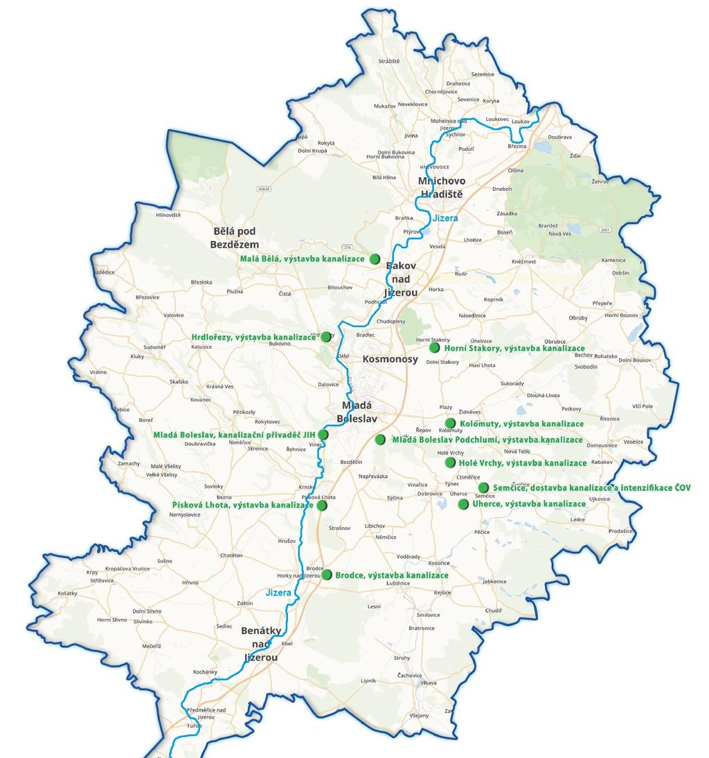 Přehledná mapa okresu Mladá Boleslav s