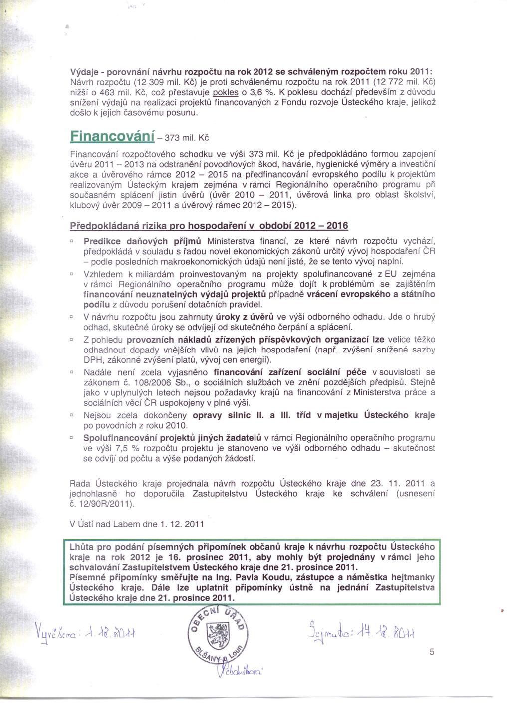 Výdaje - porovnání návrhu na rok 2012 se schváleným rozpočtem roku 2011: Návrh (12 309 mil. Kč) je proti schválenému na rok 2011 (12 772 mil. Kč) nižší o 463 mil. Kč, což přestavuje pokles o 3,6 %.