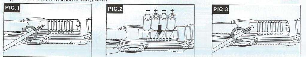 Instalace baterii do laser pistole. 1. Uvolněte šrouby krytu baterii a to otáčením proti směru hodinových ručiček 2. Vložte 4 alkalické baterie typu AA 1.5 V a dbejte na správnou polaritu 3.