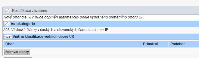 Vnitřní klasifikace vědních oborů UK Vědní obor nelze vložit při vytváření