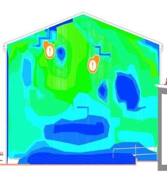 Fig.4 A facade of measured building by ID. Obr. 5 Vlhkostní mapa fasády jako výstup z ID. Fig. 5 A humidity map as the output result of ID. Obr. 6 Znázornění místa s tepleným mostem na termogramu.