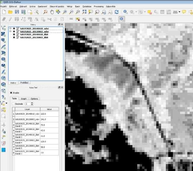 NDVI = (NIR RED) (NIR+RED) Nízké hodnoty DN v rastrech NDVI značí území bez vegetace, porovnáním