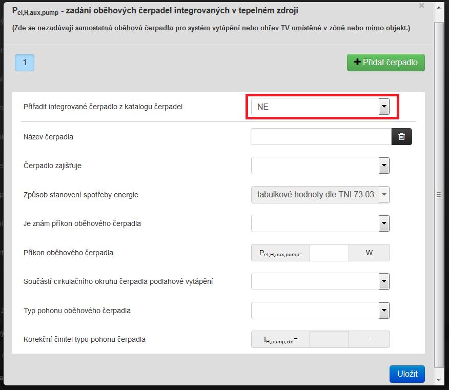 Obrázek 118 modální okno pro zadání čerpadla integrovaného v