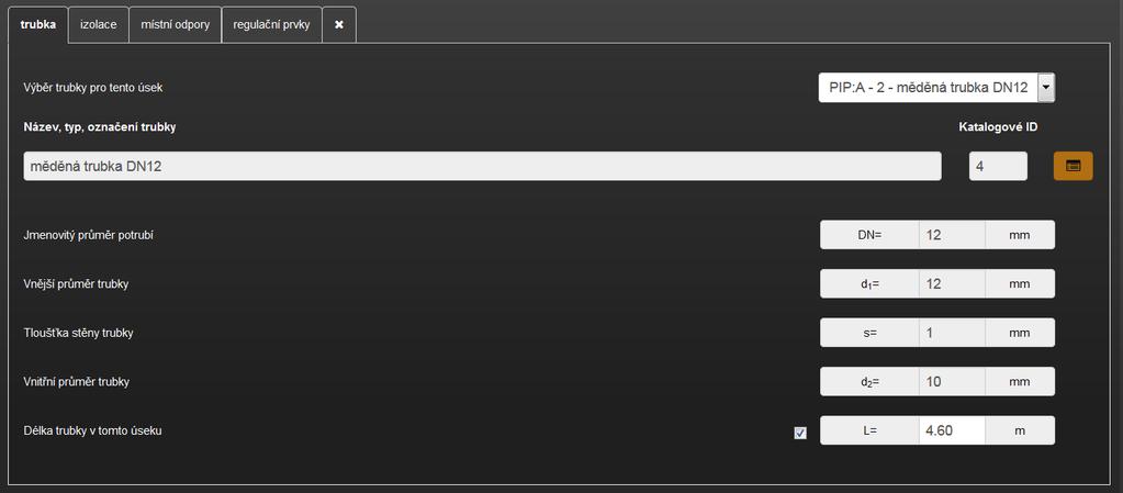 Obrázek 122 vzhled formuláře zadání ÚSEKY záložka trubka Obrázek 123 vzhled formuláře zadání ÚSEKY záložka izolace Jak bylo uvedeno v popisu formuláře VĚTVE, tak na těchto záložkách trubky, izolace a