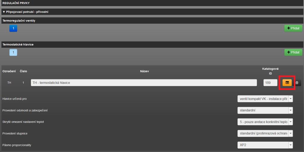 pro vstup do katalogu regulačních prvků modulu TH (formulář zadání
