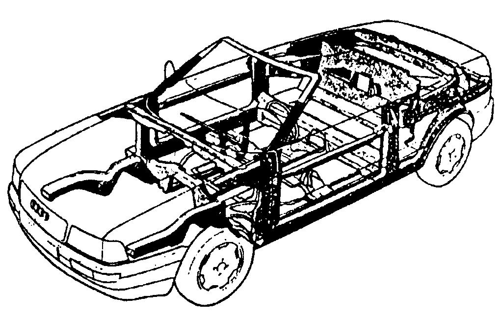 Příklad deformovatelné struktury přední části vozu - Audi Cabriolet.