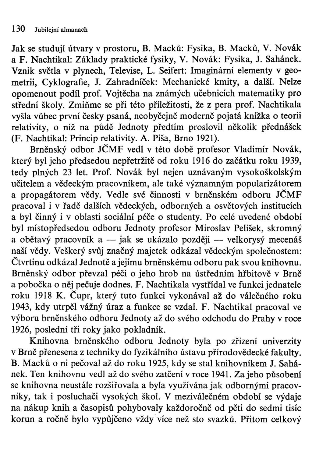 130 Jubilejní almanach Jak se studují útvary v prostoru, B. Macků: Fysika, B. Macků, V. Novák a F. Nachtikal: Základy praktické fysiky, V. Novák: Fysika, J. Sahánek.