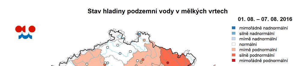 Mapa ukazuje stav podzemní vody ve sledovaných vrtech a oblastech povodí dle pravděpodobnosti překročení úrovně hladin v daném týdnu v referenčním