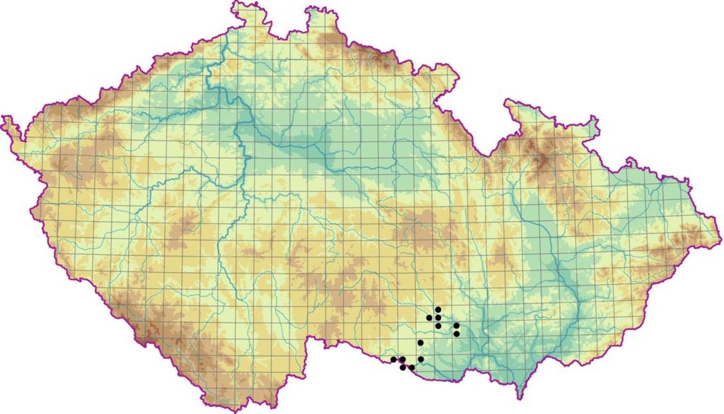 Teplomilné doubravy (Quercetea pubescentis) Obr. 151. Rozšíření asociace LCC02 Genisto pilosae-quercetum petraeae. Fig. 151. Distribution of the association LCC02 Genisto pilosae-quercetum petraeae.