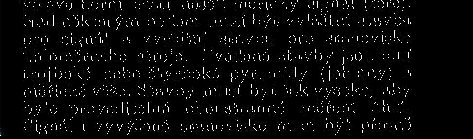 dílky byly 20 cm dlouhé. Signály (měřické terče) na pyramidách a měřických věžích se natírají fermežovou barvou bílou a černou.