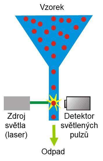 Průtoková cytometrie Princip Vyvinuta pro analýzu velkých populací krevních buněk Mikroskopické částice