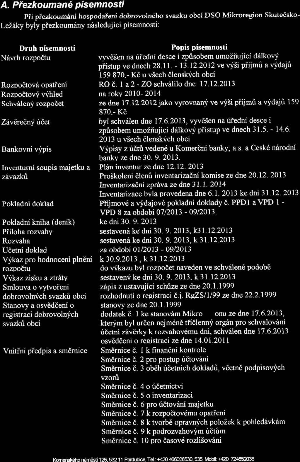 A. Piezkouman pfsemnosti Pii piezkoum6ni hospodaieni dobrovolneho svazku oboi DSO Mikroregion Skutodsko- Le};hky byly piezkoum6ny n6sleduj ici pisemno sti : Druh pisemnosti N6vrh rozpodtu Popis