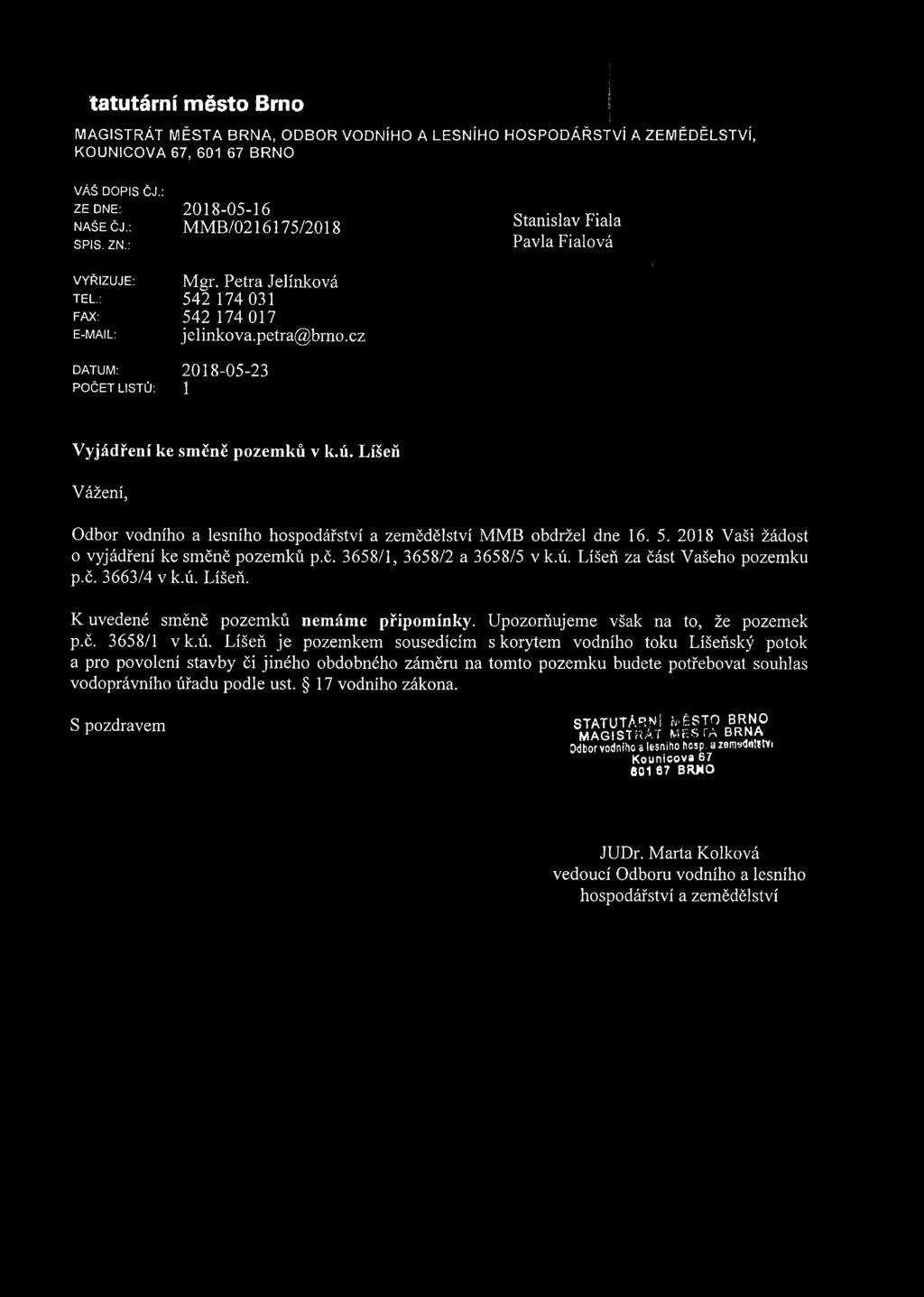 : 542 174 031 FAX: 542 174 017 E-MAIL: j elinko va.petra@brno. cz DATUM: 2018-05-23 POČET LISTŮ: 1 Vyjádření ke směně pozemků v k.ú.