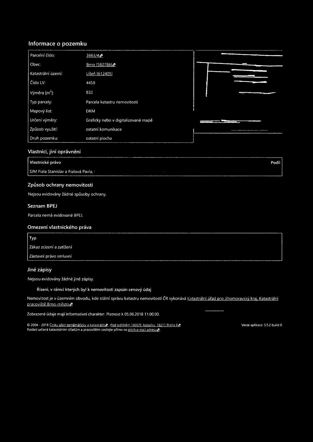 DKM Graficky nebo v digitalizované mapě ostatní komunikace ostatní plocha Vlastníci, jiní oprávnění Vlastnické právo Podíl SJM Fiala Stanislava Fialová Pavla, Způsob ochrany nemovitosti