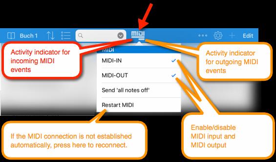 4 Ověření MIDI propojení V panelu nástrojů v aplikaci SongBook+ můžete nalézt MIDI tlačítko s integrovanými indikátory MIDI aktivity.