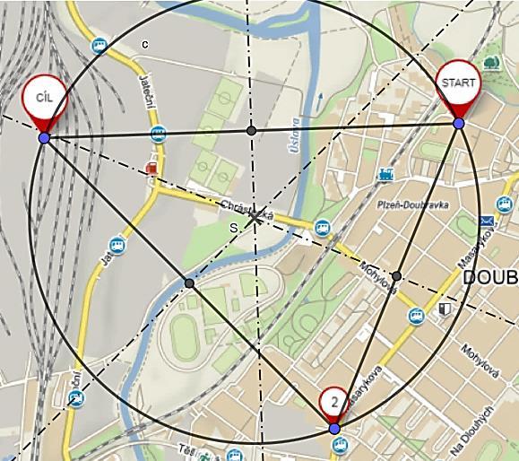 Obrázek č. 1 Kružnice opsaná Na mapě najdeme místo, kde nám vyšel střed KO a zapíšeme si souřadnice N 49 45.438 E 13 24.629.