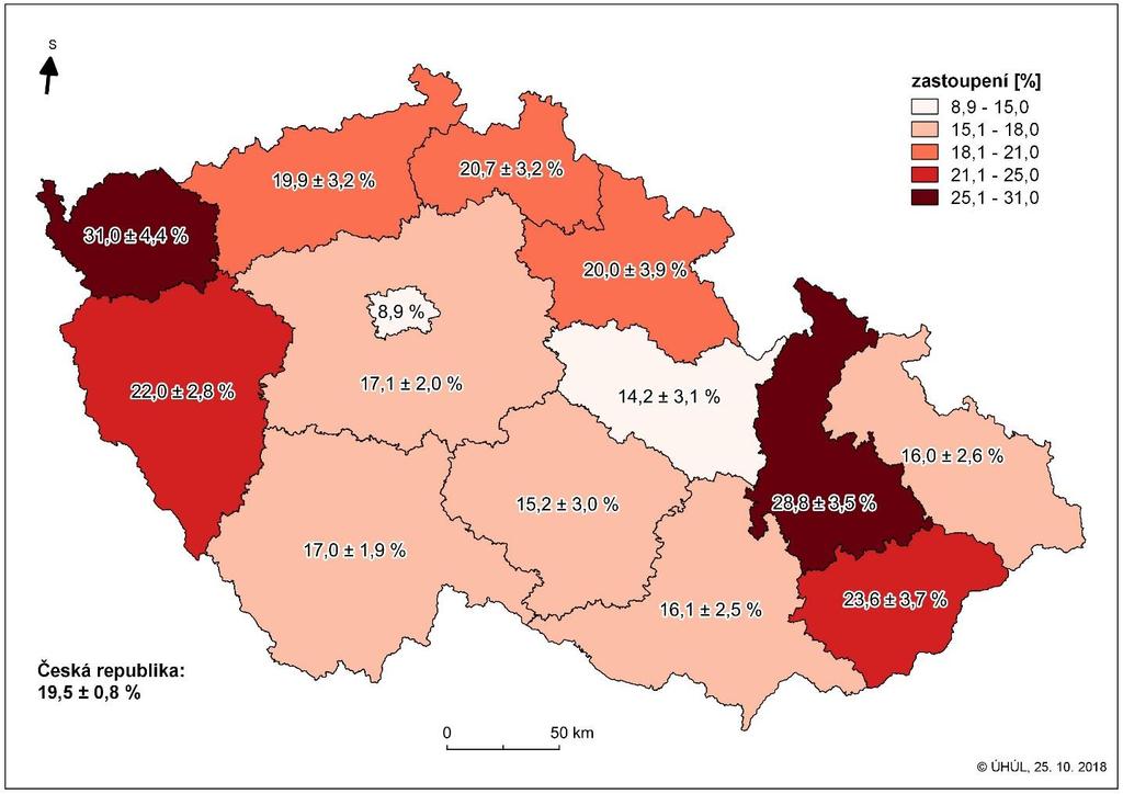 Kartogram 4: jedinců obnovy poškozených zvěří v krajích, období NIL2 (2011 2015) V rámci prvního cyklu Národní inventarizace lesů (2001 2004) byly škody zvěří hodnoceny prostým podílem na celkovém