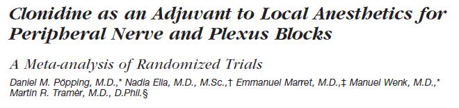 Klonidin Analýza 20 RCT (1054/573) 1992-2006 Dávky 30-300μg Prodlužuje trvání analgesie o 122 min, senzorický blok.