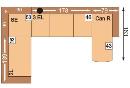 3-sedák s funkcí příčného lůžka, područka vlevo; an R = kanape rozkládací, područka vpravo Plocha lůžka: 224 x 124 cm 4