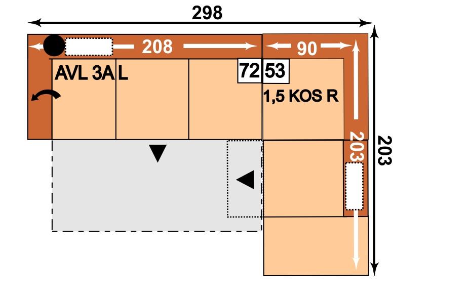 rozkládací s polohováním područky vlevo a podhlavníkem; 2,5AEL = 2,5-sedák s funkcí příčného lůžka, bez područek; 1,5KOSR KSR =