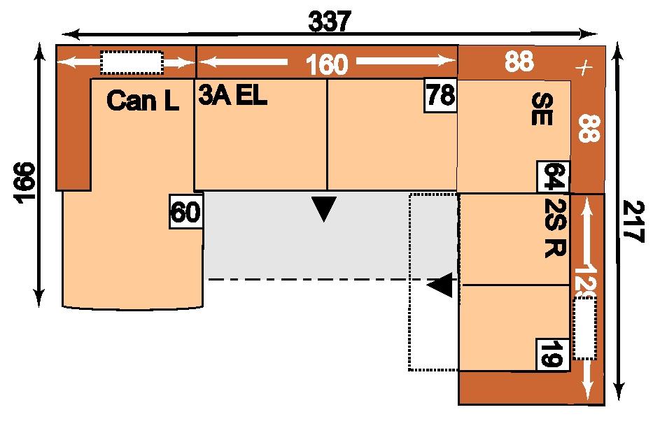 127 cm 2 viz popis KSL 3AL = 3-sedák s funkcí příčného lůžka, područka a podhlavník vlevo; SE = Špičatý roh; 1,5SR KS =