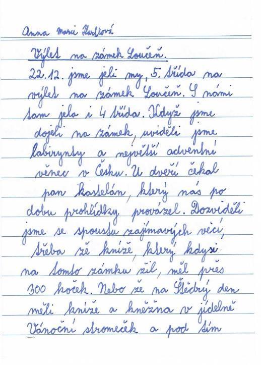 Exkurze 5. třídy na zámek Loučeň Z prací žáků 5. třídy A co ještě jsme se dozvěděli a zažili? Pan kastelán nám ukázal na obraze kněžnu, která měla hodně dlouhé jméno a její pes ještě delší.
