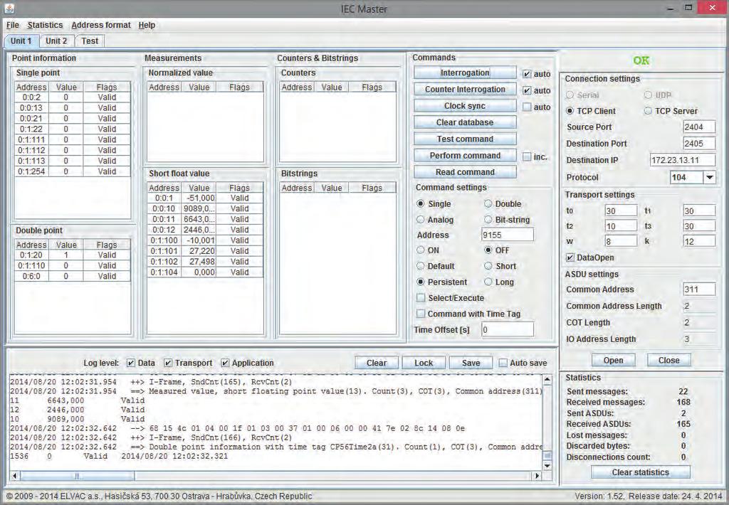 SW podpora IEC Master Stručná charakteristika komunikace protokoly IEC 60870-5-101 a IEC 60870-5-104, přenos dat přes sériovou linku, TCP (klient i server) a UDP, zobrazení aktuálních stavů signálů a