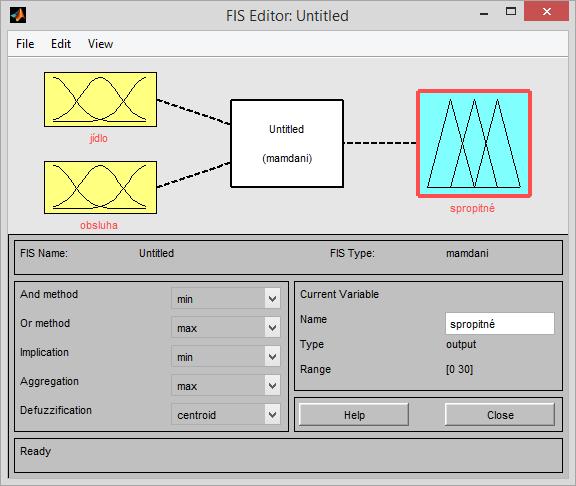 7.1.1 Fuzzy Inference System (FIS) Editor FIS editor zobrazuje základní informace o fuzzy systému. K jeho spuštění je zapotřebí napsat do příkazového řádku MATLABu příkaz fuzzy.