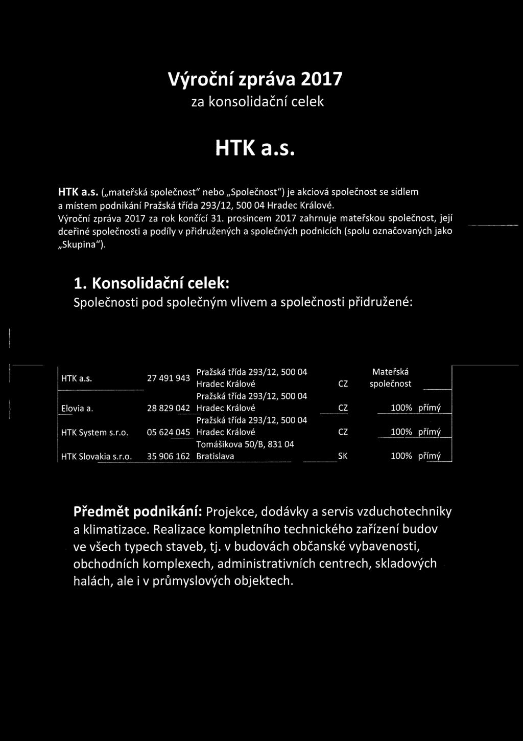 Konsolidační celek: Společnosti pod společným vlivem a společnosti přidružené: HTK a.s. 27 491943 Elovia a. 28 829 042 HTK System s.r.o. 05 624 045 HTK Slovakia s.r.o. 35 906 162 Pražská třída