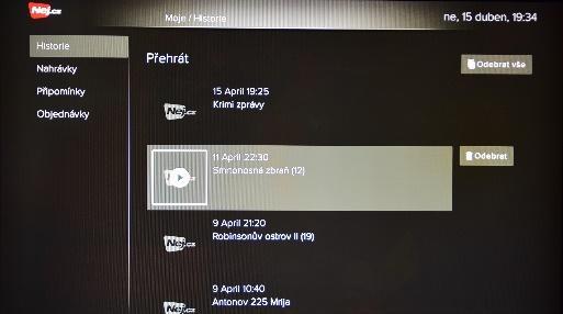 Pro výmaz kompletní historie sledovaných pořadů zvolte pomocí navigačních tlačítek příkaz Odebrat vše a potvrďte tlačítkem OK. 6. Chcete-li opustit sekci Historie, zvolte tlačítko ZPĚT.