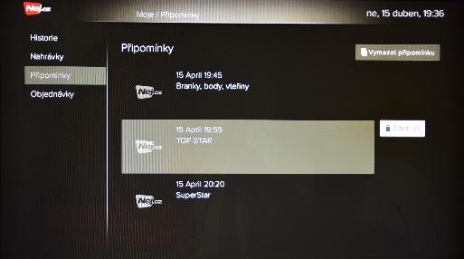 Pokud chcete připomenutí odebrat, tak pomocí navigačních tlačítek nahoru a dolů vyberte TV pořad, na který máte připomenutí nastaveno. 4.