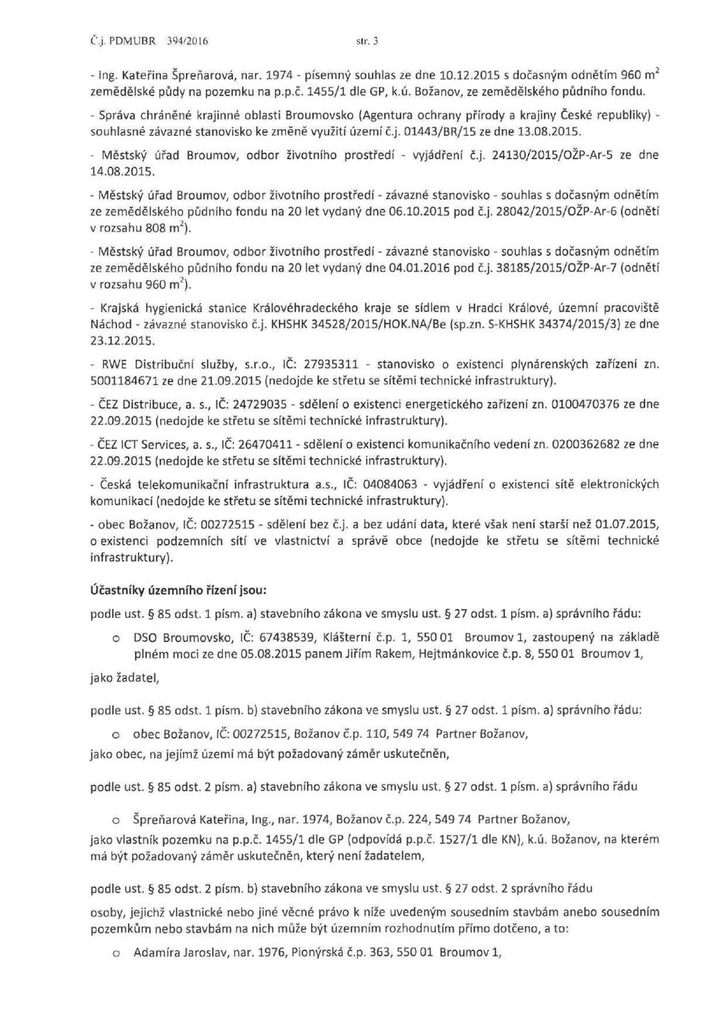 Č.j. PDMUBR 394/2016 str. 3 - Ing. Kateřina Špreňarvá, nar. 1974 - písemný suhlas ze dne 10.12.2015 s dčasným dnětím 960 m 2 zemědělské půdy na pzemku na p.p.č. 1455/1 dle GP, k.ú.