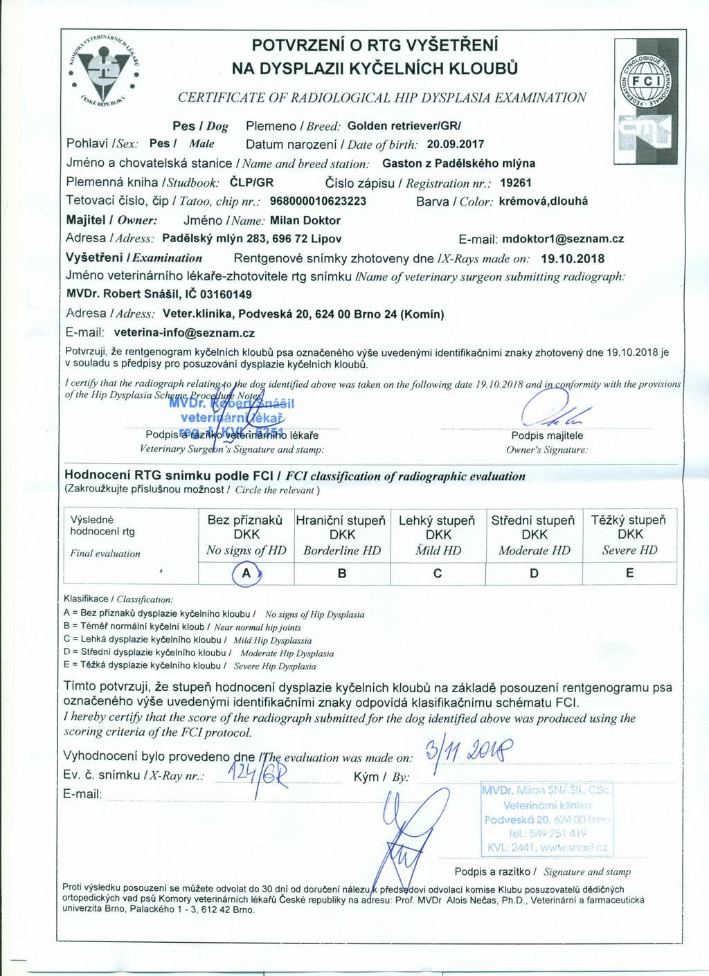 POTVRZENí O RTG VYŠETŘENí NA DYSPLAZII KYČELNíCH KLOUBŮ CERTIFICATE OF RADIOLOGICAL HIP D YSPLASIA EXAMINA TlON Pes I Dog Plemeno I Breed: Golden retriever/gri Pohlaví ISex: Pes I Male Datum narození