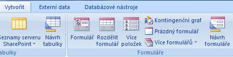 Pro práci s formuláři aktivujeme menu Vytvořit, potřebná tlačítka pak najdeme v pásu