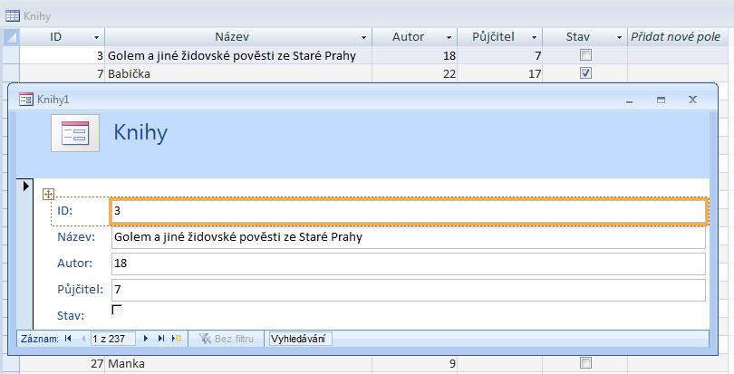 Na základě tabulky Knihy se nám pomocí tlačítka Formulář vytvoří ihned jednoduchý