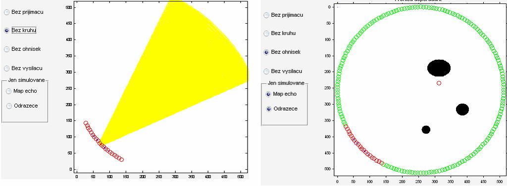 Obr.43 Možnosti zobrazování - vlevo bez kruhu, vpravo pak se zobrazenou mapou echogenity a s jediným odražečem, ale bez ohnisek. V mapě bílá znamená oblast s echogenitou 0.8, černá pak s 0.