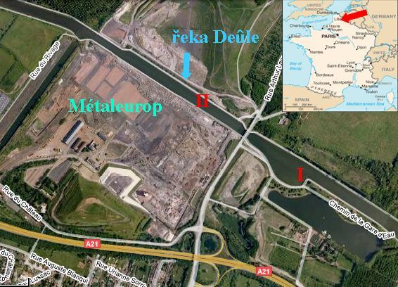 EXPERIMENTÁLNÍ ČÁST ŘÍČNÍ SEDIMENTY Obr. 5-1. Mapa vzorkované lokality okolí a areál továrny Métaleurop. 5.5.2 Odběr a zpracování vzorků sedimentů a povrchové vody Vzorky z místa I byly odebrány v březnu 2009, vzorky z místa II v dubnu 2009.