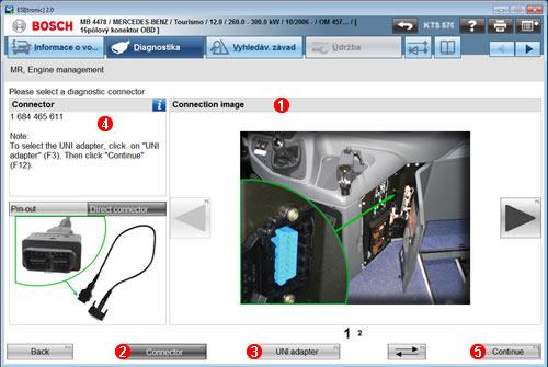 Diagnostika Diagnostická zásuvka Zobrazí se informace o místu instalace a osazení pinů diagnostické zásuvy a možnosti připojení.