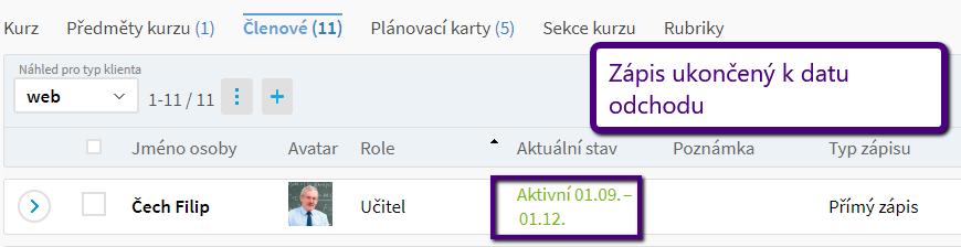 Pokud děláte změnu učitele, který stále ve škole pracuje a potřebujete pouze jeho změnu, uvidíte datum